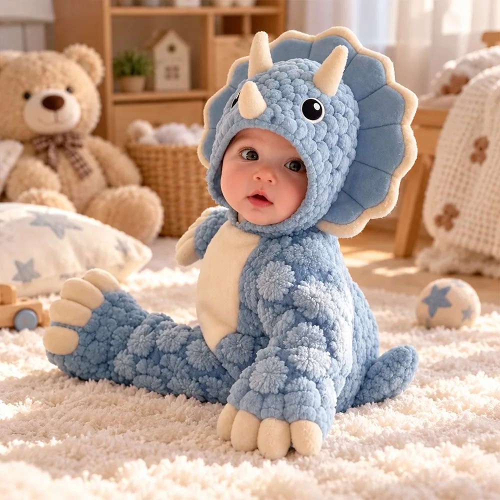 Cozy Tots Infant Triceratops Dinosaur Plush Romper Hooded Onesie Costume